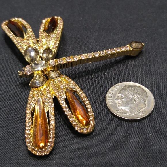 Dragonfly Rhinestone Topaz Brooch, Hallmark on Back, 2 Inches - Picture 6 of 8